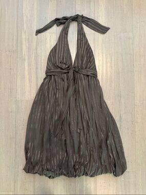 BCBGMaxAzria Silk Brown Stripe Halter Backless Cocktail Dress Bubble Hem Y2K